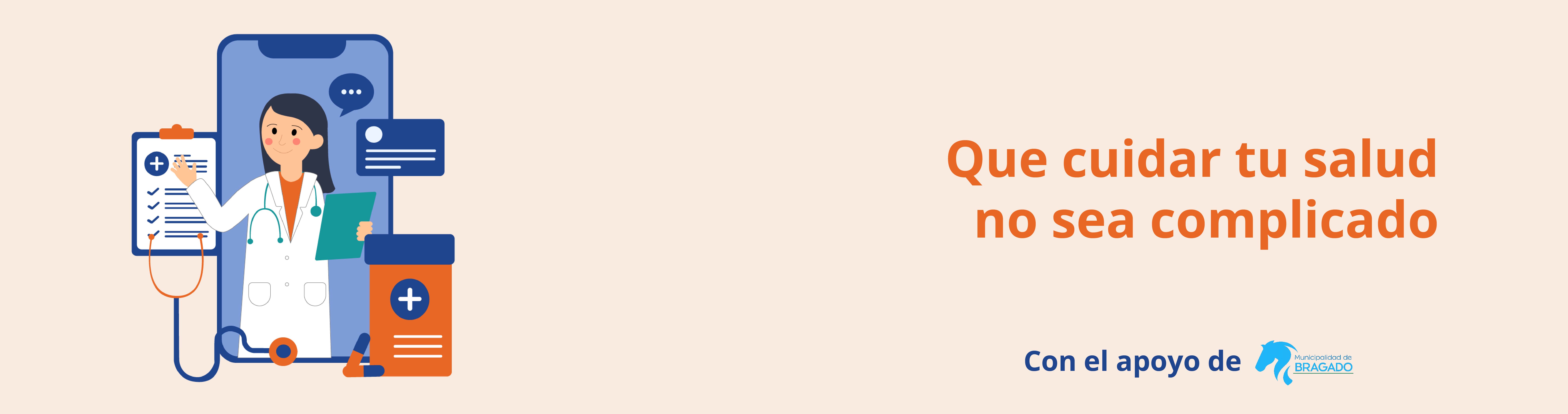Banner naranja claro con icono vector de un médico dentro de un celular y la frase que cuidar tu salud no sea complicado