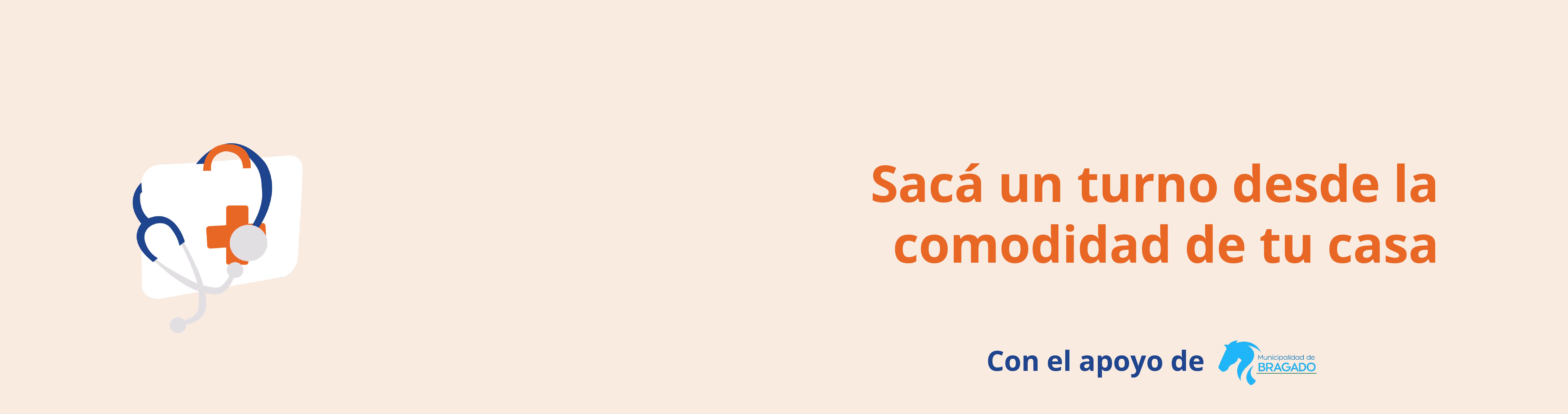 Banner turnos con icono vector de un maletin médico y la frase: Sacá un turno desde la comodidad de tu casa